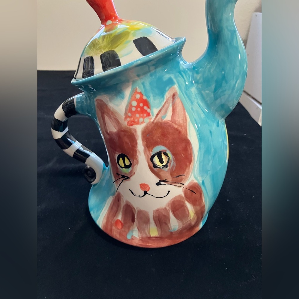 Hand painted Whimsical Ceramic Tea Pot Cat Design Blue 9”